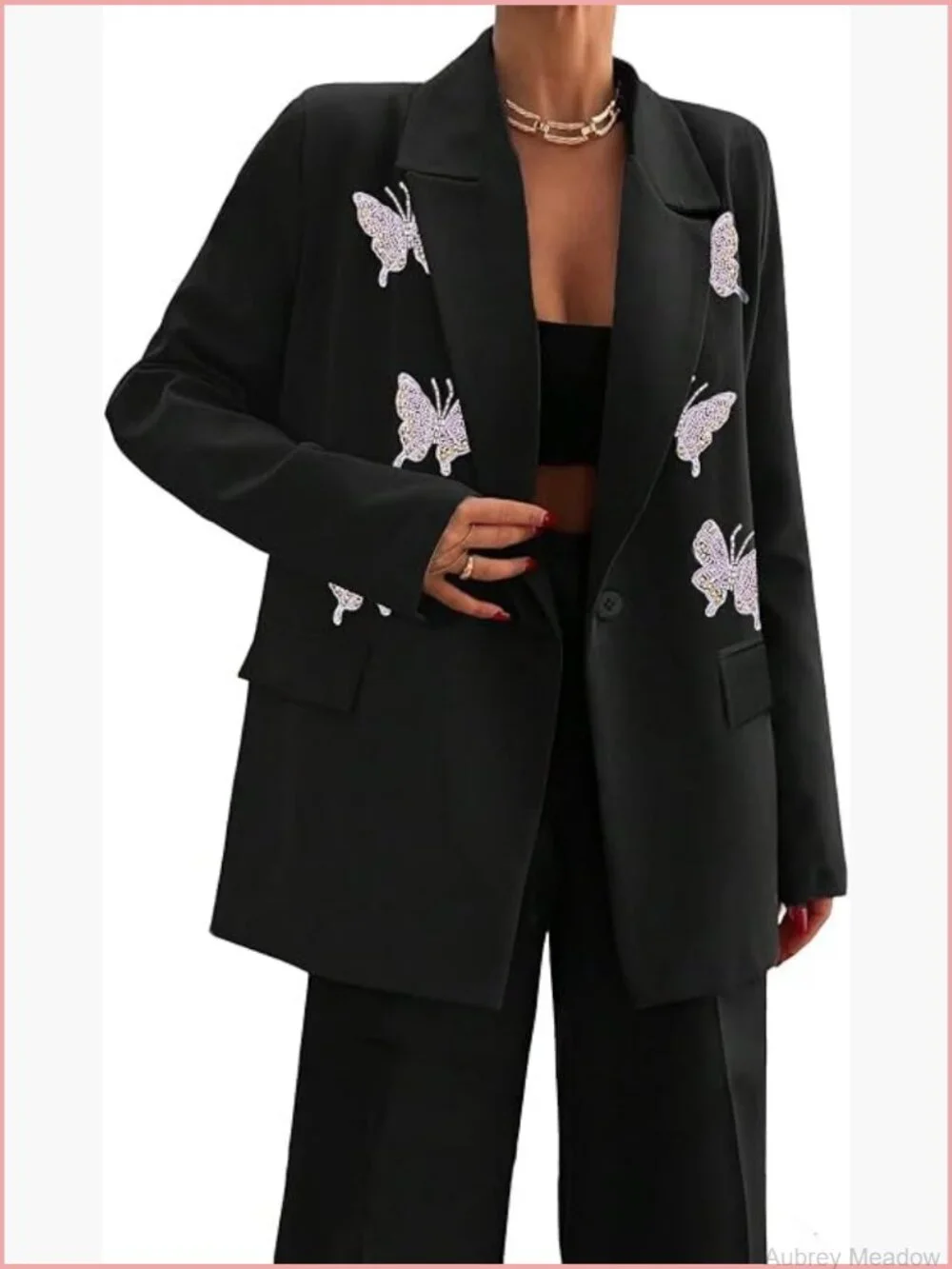 Notched Collar Butterfly Appliques Office Blazer 3/4 Sleeve Business Casual